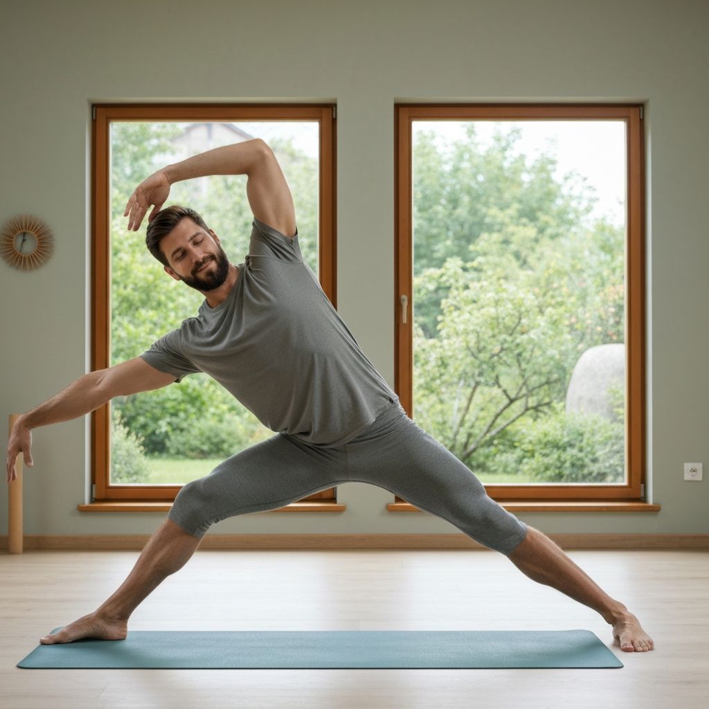 Čovek koji primenjuje joga ili vežbe istezanja u mirnom unutrašnjem prostoru sa prirodnom jutranjom svetlošću