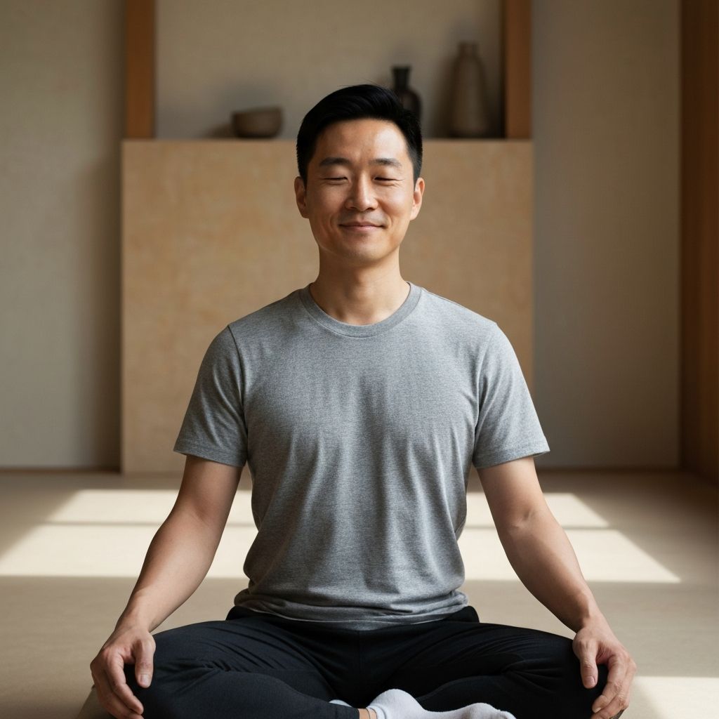 Čovek u meditaciji ili misaonijskoj pozi u mirnom unutrašnjem prostoru sa prirodnom jutranjom svetlošću