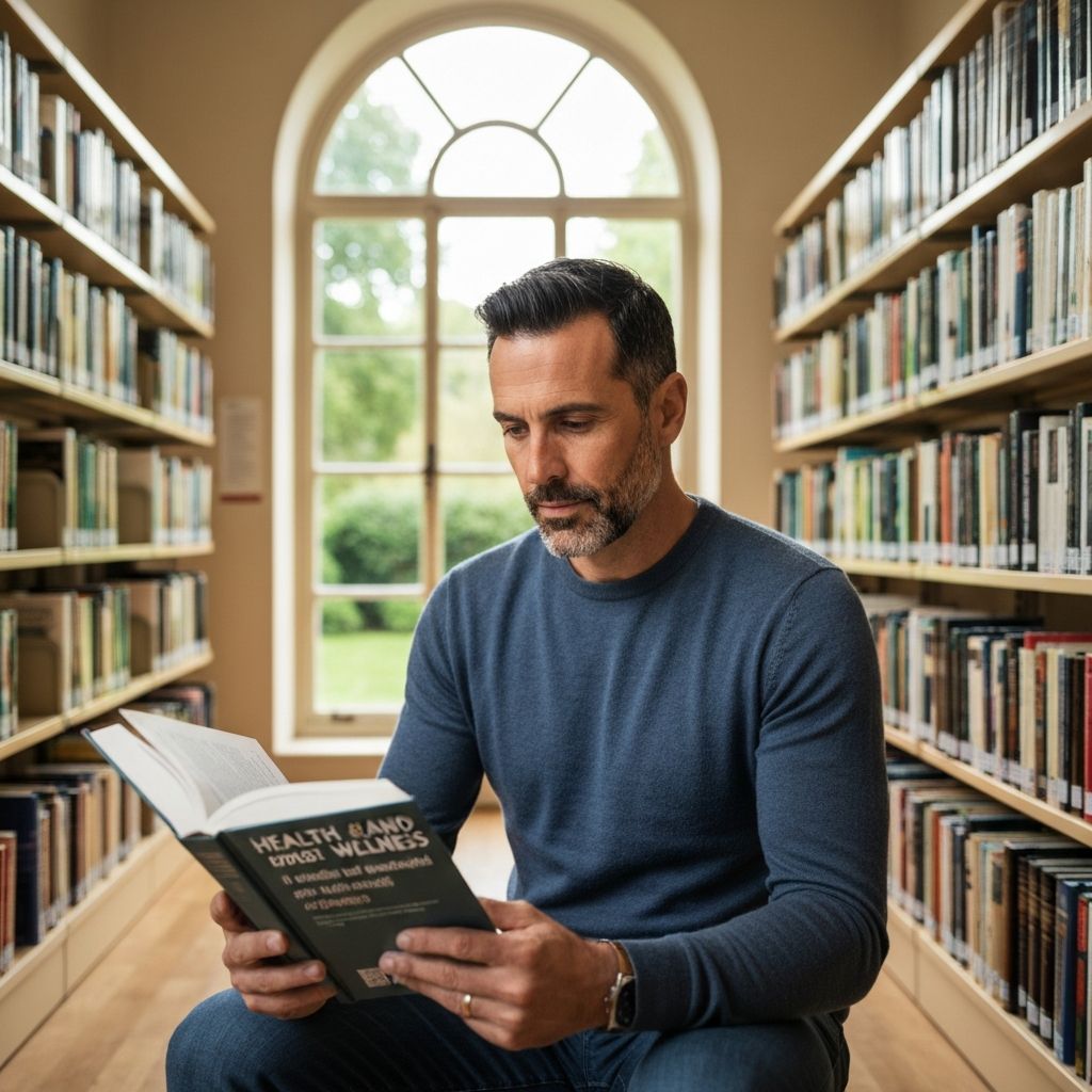 Čovek koji čita ili proučava teme o zdravlju i velnesu u mirnom okruženju sa prirodnom svetlošću